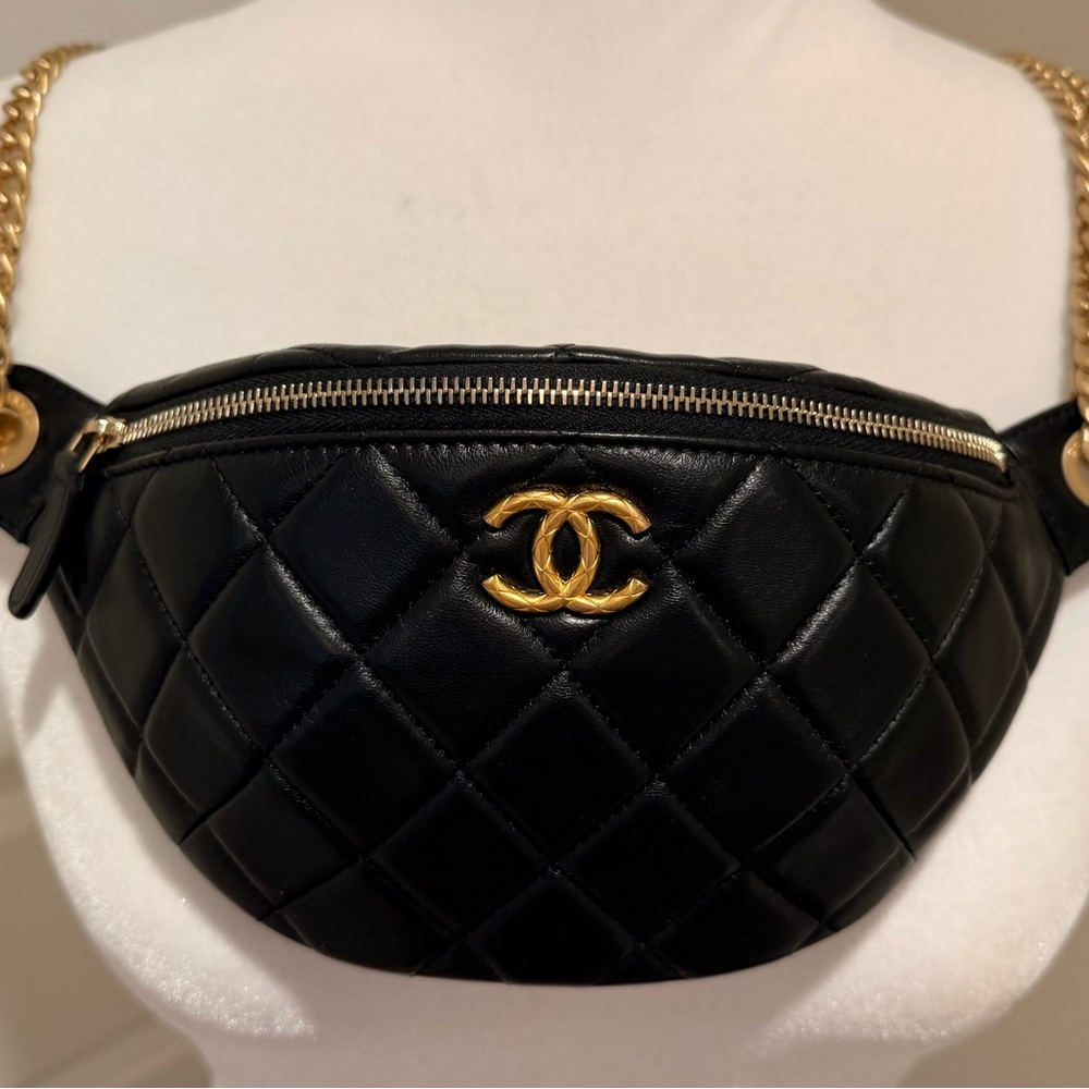❤️Authentic Chanel Lambskin Quilted Waist Belt Fanny Bum Bag Black & Gold ❤️ - Picture 12 of 16